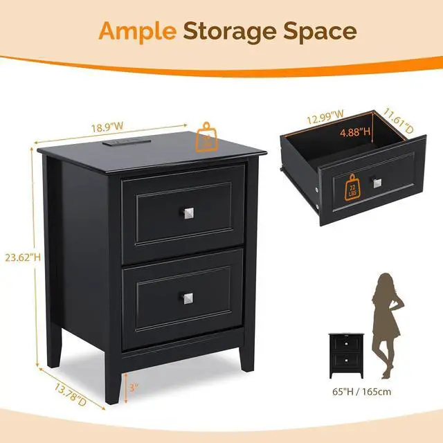 Alt view image 2 of 7 - VINGLI 18.9" W Black Nightstand Set of 2 with Charging Station, Night Stands Set of 2 Black Bedside Table, Modern Night Stands Bedroom, Wooden Nightstands with Drawers, 18.9" W*13.78" D*23.62" H