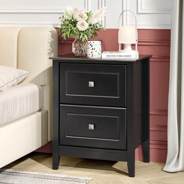 Alt view image 3 of 7 - VINGLI 18.9" W Black Nightstand Set of 2 with Charging Station, Night Stands Set of 2 Black Bedside Table, Modern Night Stands Bedroom, Wooden Nightstands with Drawers, 18.9" W*13.78" D*23.62" H
