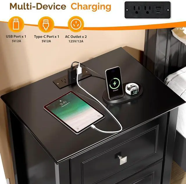 Alt view image 4 of 7 - VINGLI 18.9" W Black Nightstand Set of 2 with Charging Station, Night Stands Set of 2 Black Bedside Table, Modern Night Stands Bedroom, Wooden Nightstands with Drawers, 18.9" W*13.78" D*23.62" H