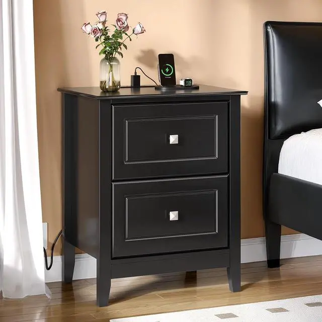 Alt view image 6 of 7 - VINGLI 18.9" W Black Nightstand Set of 2 with Charging Station, Night Stands Set of 2 Black Bedside Table, Modern Night Stands Bedroom, Wooden Nightstands with Drawers, 18.9" W*13.78" D*23.62" H