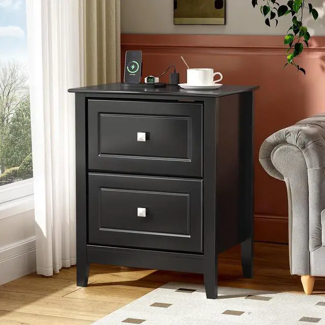 Alt view image 7 of 7 - VINGLI 18.9" W Black Nightstand Set of 2 with Charging Station, Night Stands Set of 2 Black Bedside Table, Modern Night Stands Bedroom, Wooden Nightstands with Drawers, 18.9" W*13.78" D*23.62" H