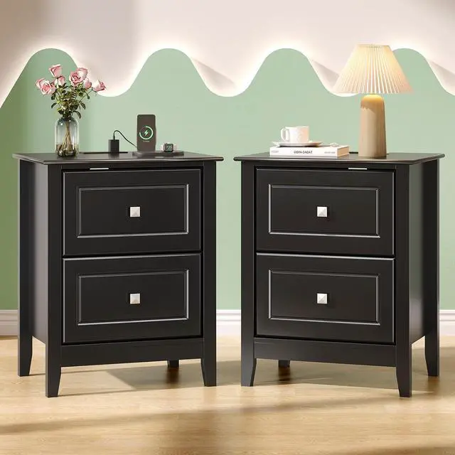 Main image of VINGLI 18.9" W Black Nightstand Set of 2 with Charging Station, Night Stands Set of 2 Black Bedside Table, Modern Night Stands Bedroom, Wooden Nightstands with Drawers, 18.9" W*13.78" D*23.62" H