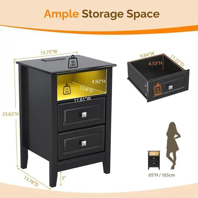 Alt view image 2 of 7 - Black Nightstand Set of 2 with Charging Station & Led Night Stands Black Bedside Tables Set of 2, Led Smart Nightstand with Drawers for Bedroom, 15.75" W*13.78" D*23.62" H