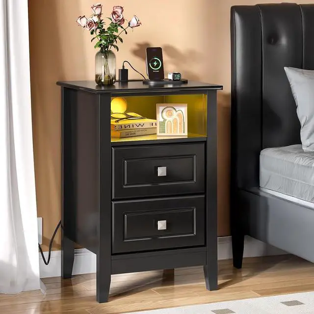 Alt view image 3 of 7 - Black Nightstand Set of 2 with Charging Station & Led Night Stands Black Bedside Tables Set of 2, Led Smart Nightstand with Drawers for Bedroom, 15.75" W*13.78" D*23.62" H