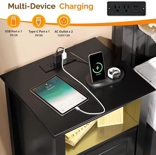 Alt view image 4 of 7 - Black Nightstand Set of 2 with Charging Station & Led Night Stands Black Bedside Tables Set of 2, Led Smart Nightstand with Drawers for Bedroom, 15.75" W*13.78" D*23.62" H