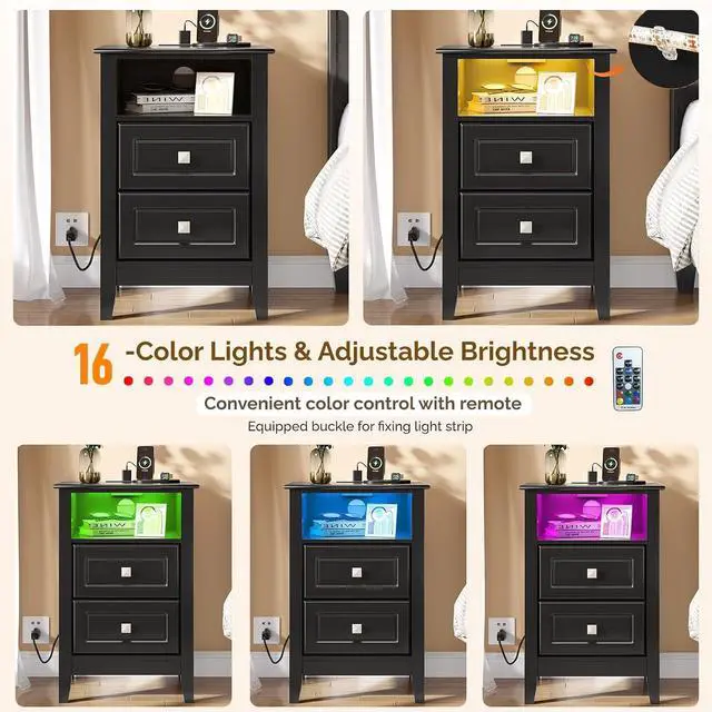 Alt view image 5 of 7 - Black Nightstand Set of 2 with Charging Station & Led Night Stands Black Bedside Tables Set of 2, Led Smart Nightstand with Drawers for Bedroom, 15.75" W*13.78" D*23.62" H