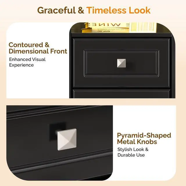 Alt view image 6 of 7 - Black Nightstand Set of 2 with Charging Station & Led Night Stands Black Bedside Tables Set of 2, Led Smart Nightstand with Drawers for Bedroom, 15.75" W*13.78" D*23.62" H