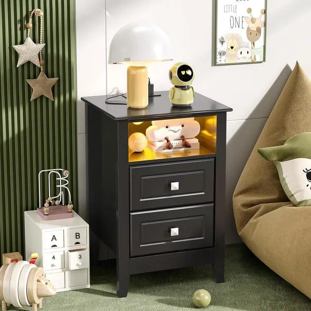 Alt view image 7 of 7 - Black Nightstand Set of 2 with Charging Station & Led Night Stands Black Bedside Tables Set of 2, Led Smart Nightstand with Drawers for Bedroom, 15.75" W*13.78" D*23.62" H