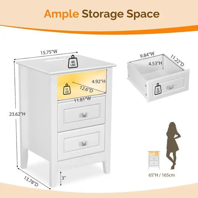 Alt view image 2 of 7 - White Nightstand Set of 2 with Charging Station & Led Lights Night Stands White Bedside Table, Wooden Nightstands with Drawers, Modern Nightstand for Bedroom, 15.75" W*13.78" D*23.62" H