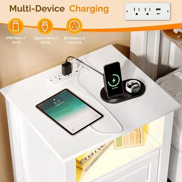 Alt view image 5 of 7 - White Nightstand Set of 2 with Charging Station & Led Lights Night Stands White Bedside Table, Wooden Nightstands with Drawers, Modern Nightstand for Bedroom, 15.75" W*13.78" D*23.62" H