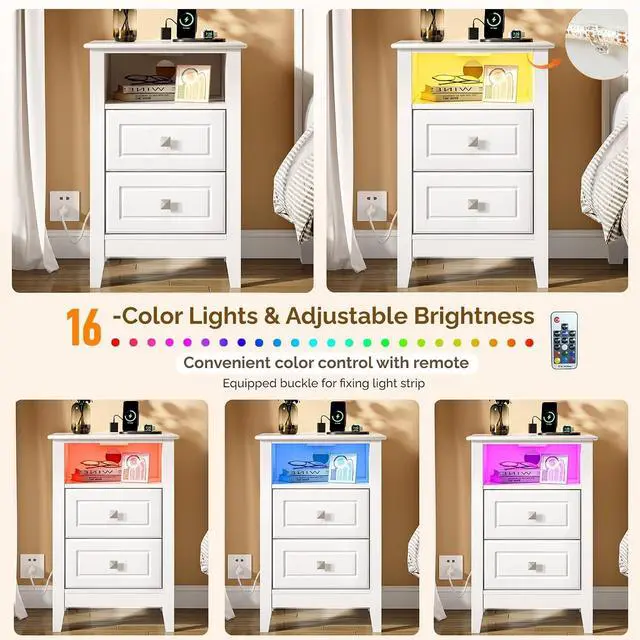 Alt view image 6 of 7 - White Nightstand Set of 2 with Charging Station & Led Lights Night Stands White Bedside Table, Wooden Nightstands with Drawers, Modern Nightstand for Bedroom, 15.75" W*13.78" D*23.62" H