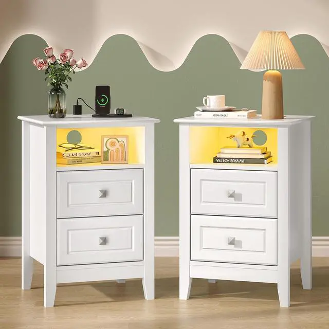 Main image of White Nightstand Set of 2 with Charging Station & Led Lights Night Stands White Bedside Table, Wooden Nightstands with Drawers, Modern Nightstand for Bedroom, 15.75" W*13.78" D*23.62" H