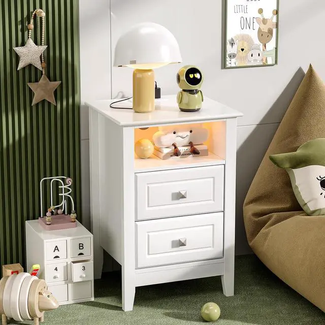 Alt view image 7 of 7 - White Nightstand Set of 2 with Charging Station & Led Lights Night Stands White Bedside Table, Wooden Nightstands with Drawers, Modern Nightstand for Bedroom, 15.75" W*13.78" D*23.62" H