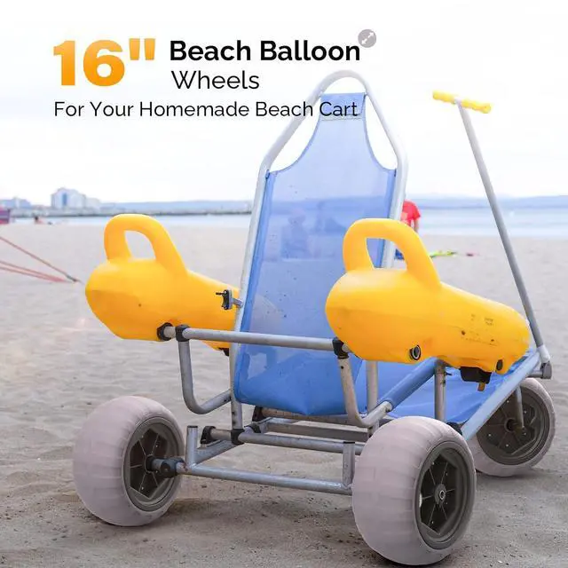 Alt view image 2 of 7 - 16" Balloon Wheels, 2 Pack Replacement Beach Sand Tires for Axle with 0.78" or 0.98" Diameter, Retrofit to Beach Wagon Fishing Cart Rolling Walker Wheelchair with Bearing Free Air Hand Pump