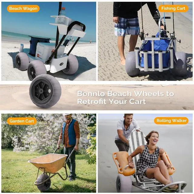 Alt view image 6 of 7 - 16" Balloon Wheels, 2 Pack Replacement Beach Sand Tires for Axle with 0.78" or 0.98" Diameter, Retrofit to Beach Wagon Fishing Cart Rolling Walker Wheelchair with Bearing Free Air Hand Pump