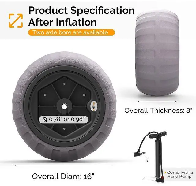 Alt view image 7 of 7 - 16" Balloon Wheels, 2 Pack Replacement Beach Sand Tires for Axle with 0.78" or 0.98" Diameter, Retrofit to Beach Wagon Fishing Cart Rolling Walker Wheelchair with Bearing Free Air Hand Pump
