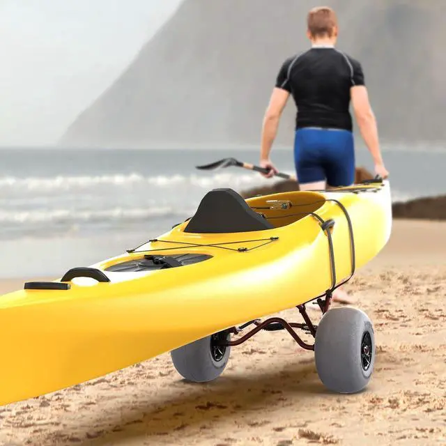 Alt view image 2 of 7 - Kayak Cart Trolley Canoe Paddle Board Boat Cart Carrier Dolly with 12" Big Beach Wheels Balloon Kayak Transport Wheels Cart Foldable, Free Pump, 2 Ratchet Straps- Perfect for Soft Sand