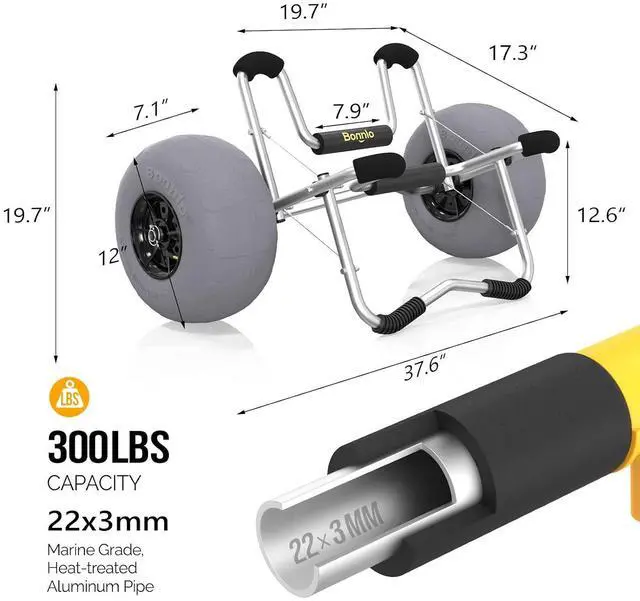 Alt view image 4 of 7 - Kayak Cart Trolley Canoe Paddle Board Boat Cart Carrier Dolly with 12" Big Beach Wheels Balloon Kayak Transport Wheels Cart Foldable, Free Pump, 2 Ratchet Straps- Perfect for Soft Sand