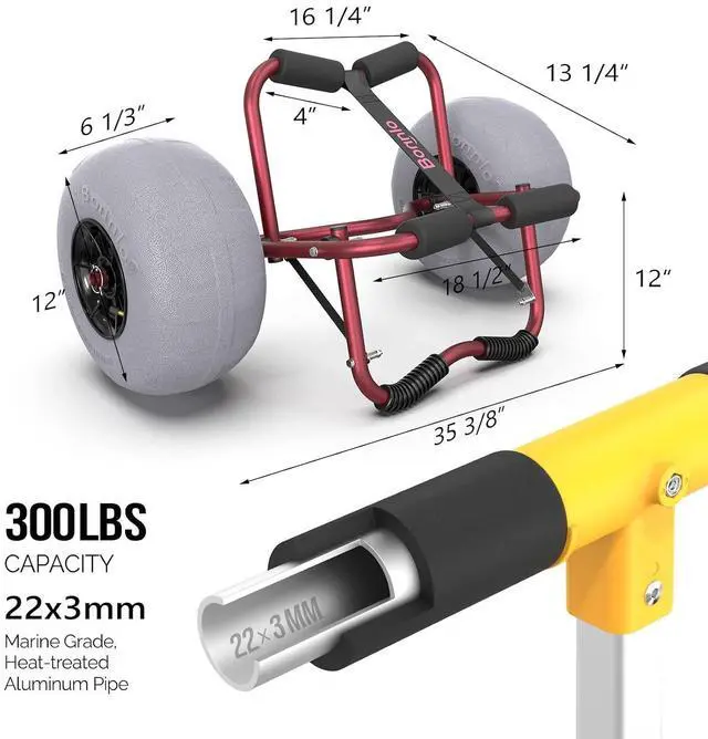 Alt view image 6 of 7 - Kayak Cart Trolley Canoe Paddle Board Boat Cart Carrier Dolly with 12" Big Beach Wheels Balloon Kayak Transport Wheels Cart Foldable, Free Pump, 2 Ratchet Straps- Perfect for Soft Sand
