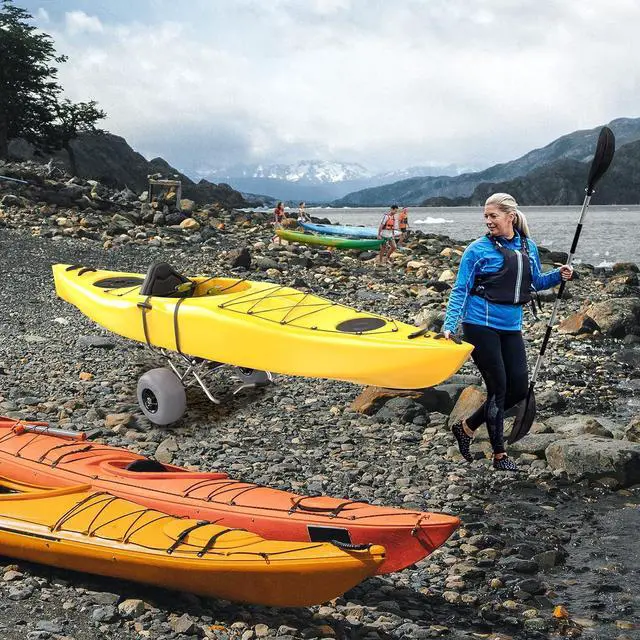 Alt view image 2 of 7 - Kayak Cart Trolley Canoe Paddle Board Boat Cart Carrier Dolly with 12" Big Beach Wheels Balloon Kayak Transport Wheels Cart Foldable, Free Pump, 2 Ratchet Straps- Perfect for Soft Sand