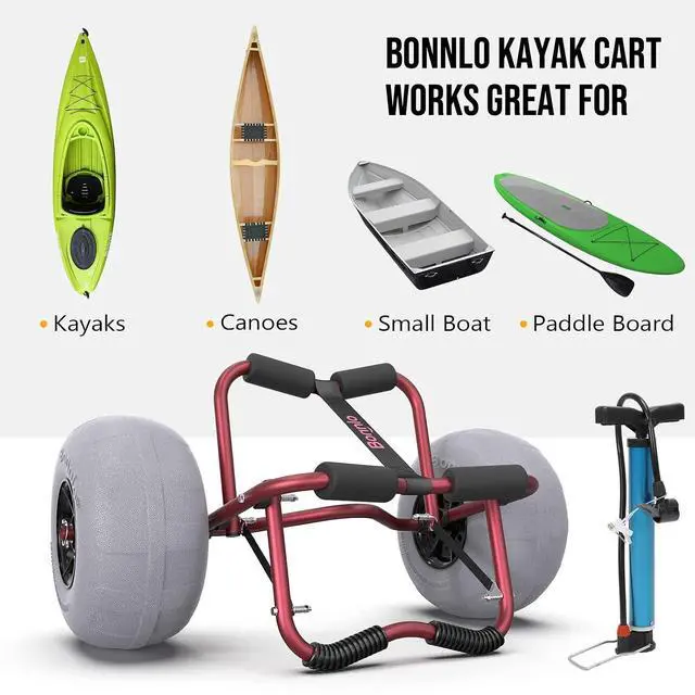 Alt view image 7 of 7 - Kayak Cart Trolley Canoe Paddle Board Boat Cart Carrier Dolly with 12" Big Beach Wheels Balloon Kayak Transport Wheels Cart Foldable, Free Pump, 2 Ratchet Straps- Perfect for Soft Sand