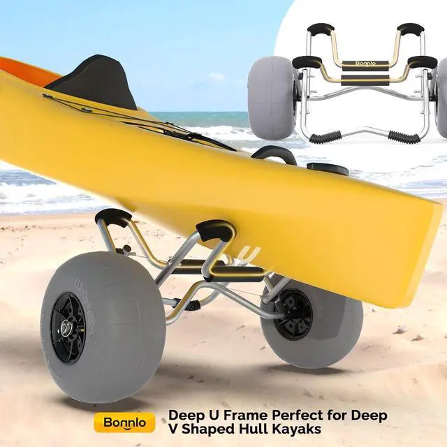Alt view image 6 of 7 - Kayak Cart Trolley Canoe Paddle Board Boat Cart Carrier Dolly with 12" Big Beach Wheels Balloon Kayak Transport Wheels Cart Foldable, Free Pump, 2 Ratchet Straps- Perfect for Soft Sand