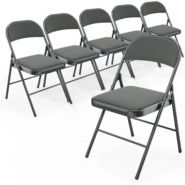 Main image of Folding Chair, Fabric Padded Folding Chairs with Cushion, Back and Steel Frame for Indoor Outdoor Outside Dinning Office Camping Use, Gray, 6 Pack