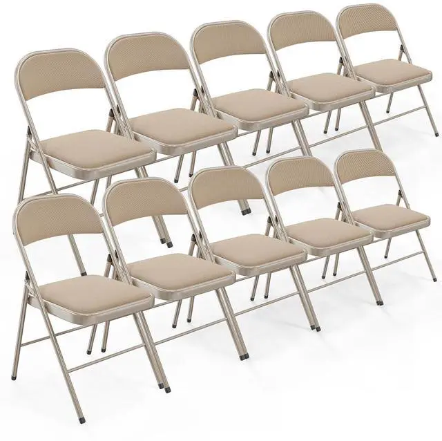 Main image of Folding Chair, Fabric Padded Folding Chairs with Cushion, Back and Steel Frame for Indoor Outdoor Outside Dinning Office Camping Use, Khaki, 10 Pack