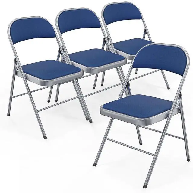 Main image of Folding Chair, Fabric Padded Folding Chairs with Cushion, Back and Steel Frame for Indoor Outdoor Outside Dinning Office Camping Use, Blue, 4 Pack