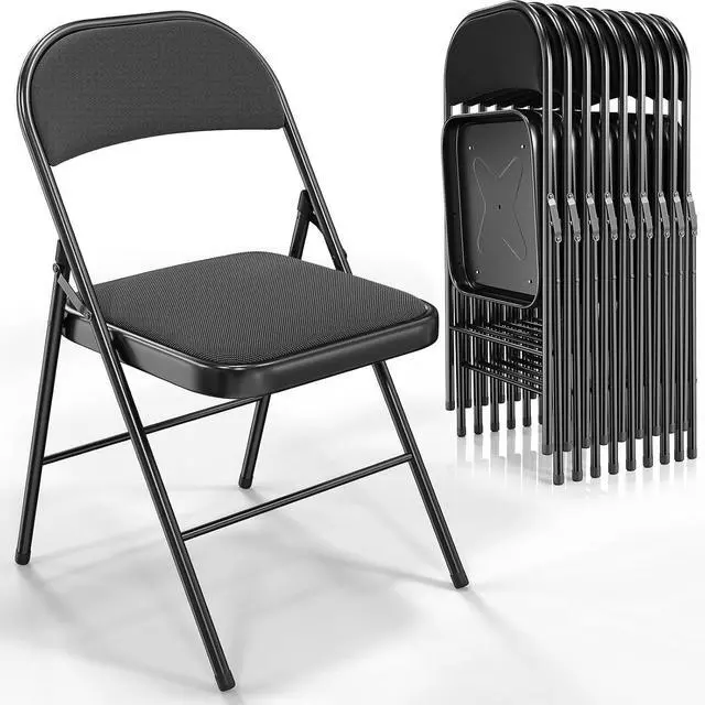 Main image of Folding Chair, Fabric Padded Folding Chairs with Cushion, Back and Steel Frame for Indoor Outdoor Outside Dinning Office Camping Use, Black, 10 Pack