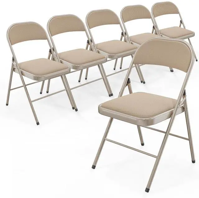 Main image of Folding Chair, Fabric Padded Folding Chairs with Cushion, Back and Steel Frame for Indoor Outdoor Outside Dinning Office Camping Use, Khaki, 6 Pack
