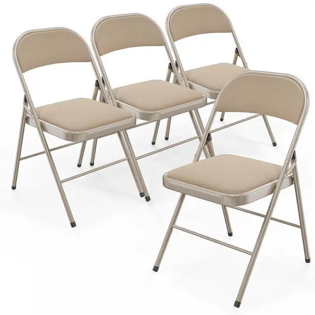 Main image of Folding Chair, Fabric Padded Folding Chairs with Cushion, Back and Steel Frame for Indoor Outdoor Outside Dinning Office Camping Use, Khaki, 4 Pack