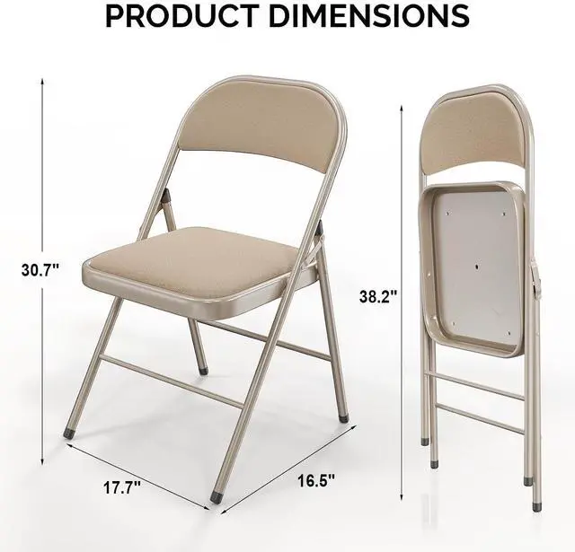 Alt view image 3 of 7 - Folding Chair, Fabric Padded Folding Chairs with Cushion, Back and Steel Frame for Indoor Outdoor Outside Dinning Office Camping Use, Khaki, 4 Pack