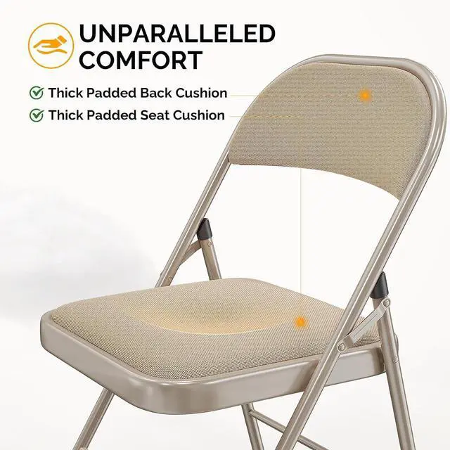 Alt view image 4 of 7 - Folding Chair, Fabric Padded Folding Chairs with Cushion, Back and Steel Frame for Indoor Outdoor Outside Dinning Office Camping Use, Khaki, 4 Pack