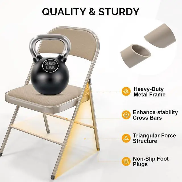 Alt view image 5 of 7 - Folding Chair, Fabric Padded Folding Chairs with Cushion, Back and Steel Frame for Indoor Outdoor Outside Dinning Office Camping Use, Khaki, 4 Pack