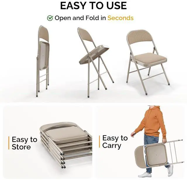 Alt view image 6 of 7 - Folding Chair, Fabric Padded Folding Chairs with Cushion, Back and Steel Frame for Indoor Outdoor Outside Dinning Office Camping Use, Khaki, 4 Pack