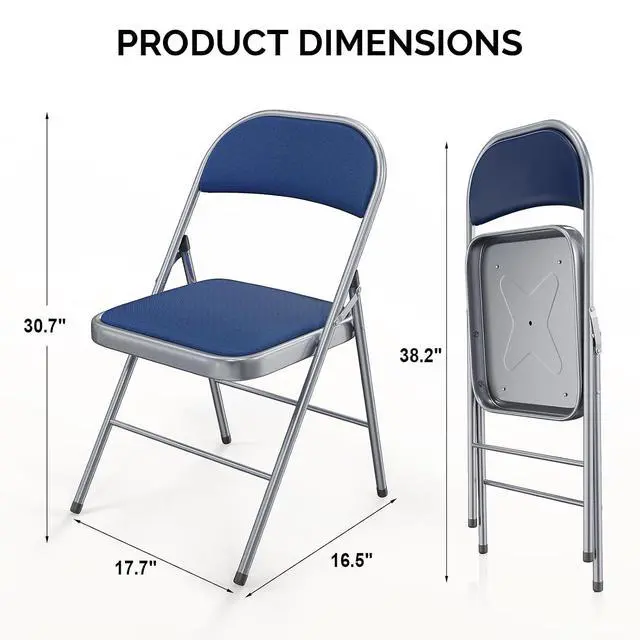 Alt view image 3 of 7 - Folding Chair, Fabric Padded Folding Chairs with Cushion, Back and Steel Frame for Indoor Outdoor Outside Dinning Office Camping Use, Blue, 4 Pack
