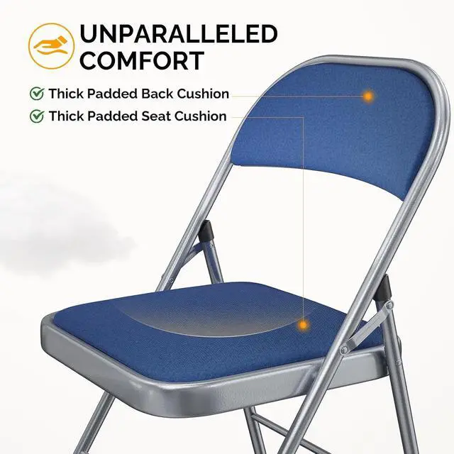 Alt view image 4 of 7 - Folding Chair, Fabric Padded Folding Chairs with Cushion, Back and Steel Frame for Indoor Outdoor Outside Dinning Office Camping Use, Blue, 4 Pack