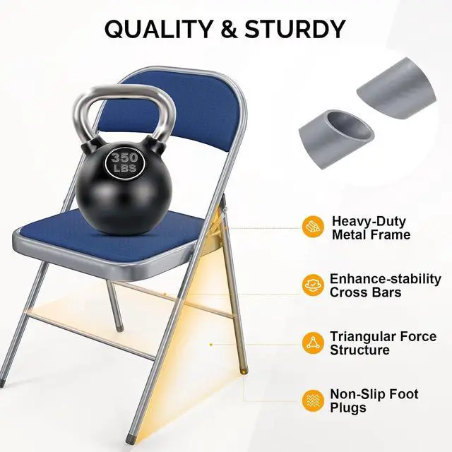Alt view image 5 of 7 - Folding Chair, Fabric Padded Folding Chairs with Cushion, Back and Steel Frame for Indoor Outdoor Outside Dinning Office Camping Use, Blue, 4 Pack