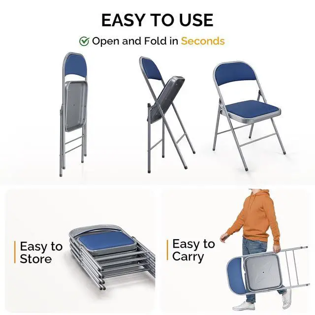 Alt view image 6 of 7 - Folding Chair, Fabric Padded Folding Chairs with Cushion, Back and Steel Frame for Indoor Outdoor Outside Dinning Office Camping Use, Blue, 4 Pack