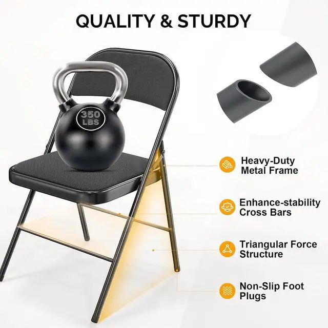 Alt view image 4 of 7 - Folding Chair, Fabric Padded Folding Chairs with Cushion, Back and Steel Frame for Indoor Outdoor Outside Dinning Office Camping Use, Black, 10 Pack
