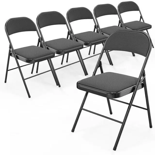 Main image of Folding Chair, Fabric Padded Folding Chairs with Cushion, Back and Steel Frame for Indoor Outdoor Outside Dinning Office Camping Use, Black, 6 Pack
