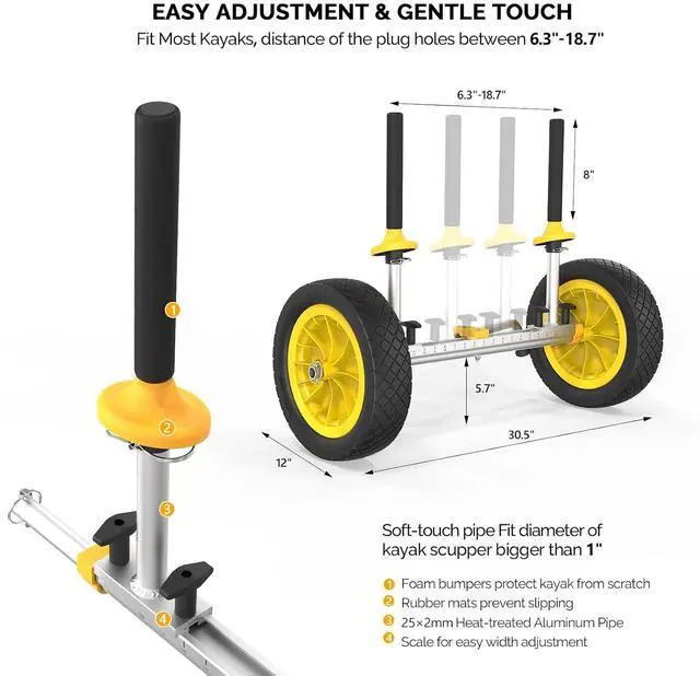 Alt view image 5 of 7 - Kayak Cart Dolly Kayak Wheels Detachable Canoe Cart with Solid Tires and Kickstand Kayak Trolley