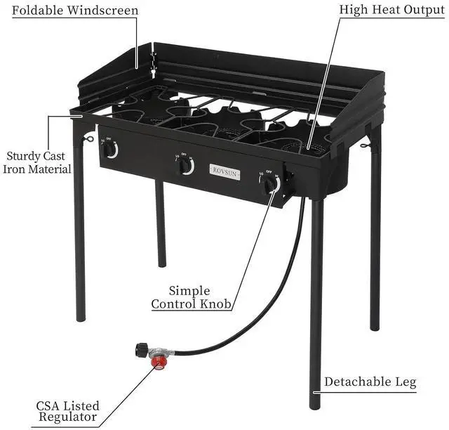 Alt view image 2 of 7 - 3-Burner Outdoor Portable Propane Burner Stove 225,000-BTU Gas Cooker with Windscreen & Carrying Bag, Heavy Duty Iron Cast Patio Burner with Detachable Stand Legs for Camp Cooking