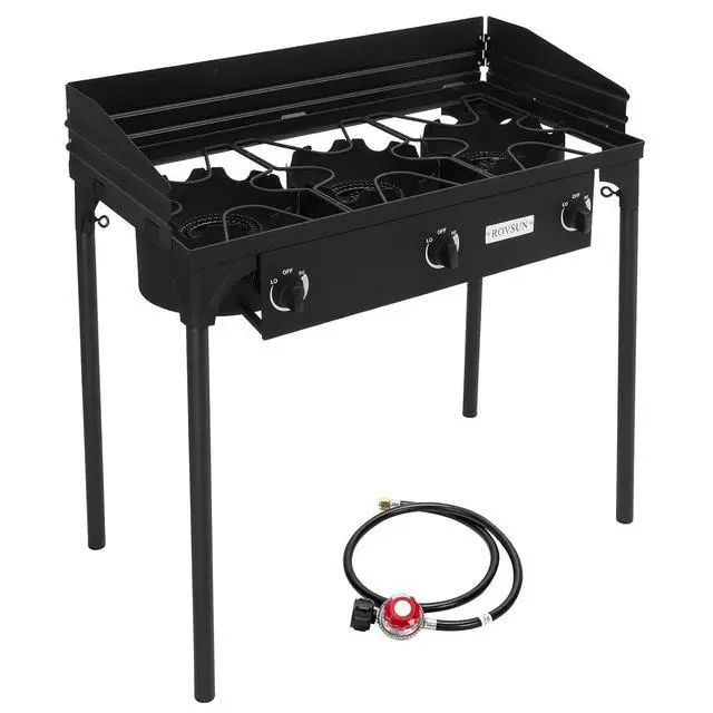 Alt view image 6 of 7 - 3-Burner Outdoor Portable Propane Burner Stove 225,000-BTU Gas Cooker with Windscreen & Carrying Bag, Heavy Duty Iron Cast Patio Burner with Detachable Stand Legs for Camp Cooking