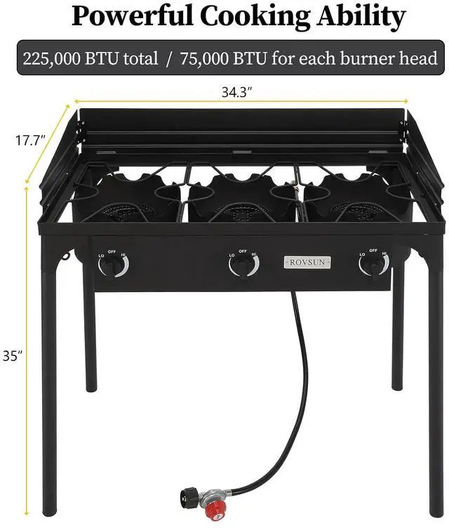 Alt view image 5 of 7 - 3-Burner Outdoor Portable Propane Burner Stove 225,000-BTU Gas Cooker with Windscreen & Carrying Bag, Heavy Duty Iron Cast Patio Burner with Detachable Stand Legs for Camp Cooking