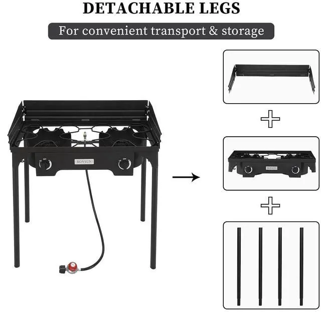 Alt view image 2 of 7 - 2-Burner Outdoor Portable Propane Burner Stove 150,000-BTU Gas Cooker with Windscreen & Carrying Bag, Heavy Duty Iron Cast Patio Burner with Detachable Stand Legs for Camp Cooking