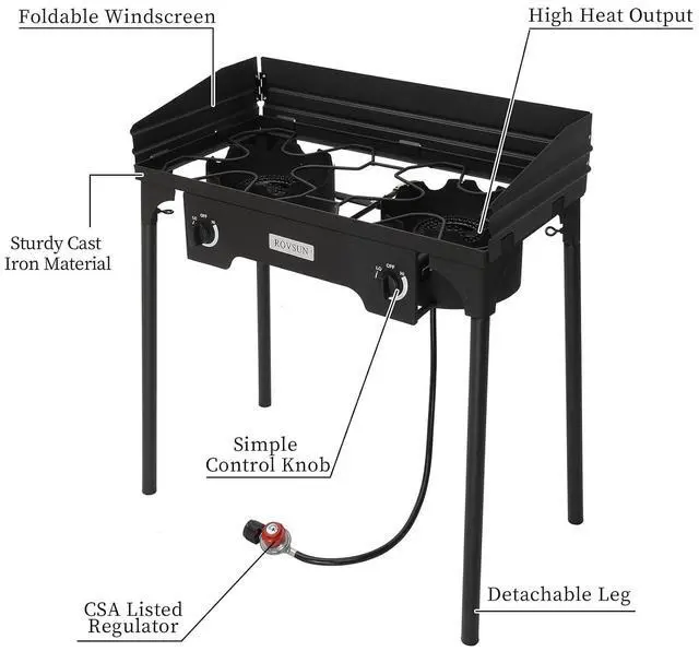 Alt view image 3 of 7 - 2-Burner Outdoor Portable Propane Burner Stove 150,000-BTU Gas Cooker with Windscreen & Carrying Bag, Heavy Duty Iron Cast Patio Burner with Detachable Stand Legs for Camp Cooking