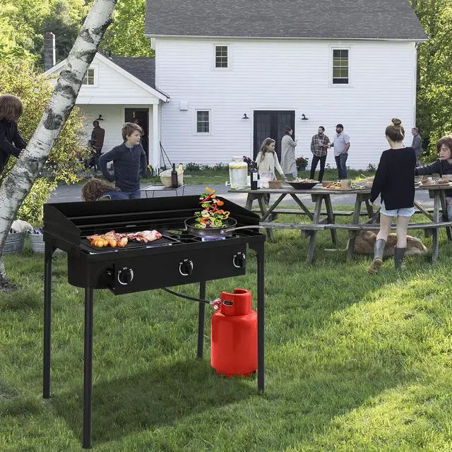 Alt view image 7 of 7 - 3-Burner Outdoor Portable Propane Burner Stove 225,000-BTU Gas Cooker with Windscreen & Carrying Bag, Heavy Duty Iron Cast Patio Burner with Detachable Stand Legs for Camp Cooking