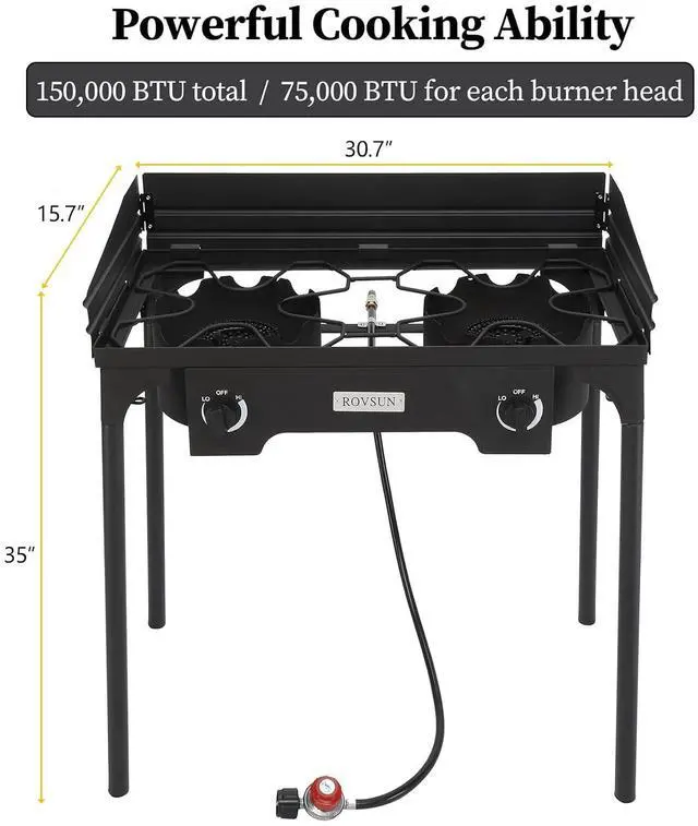 Alt view image 5 of 7 - 2-Burner Outdoor Portable Propane Burner Stove 150,000-BTU Gas Cooker with Windscreen & Carrying Bag, Heavy Duty Iron Cast Patio Burner with Detachable Stand Legs for Camp Cooking